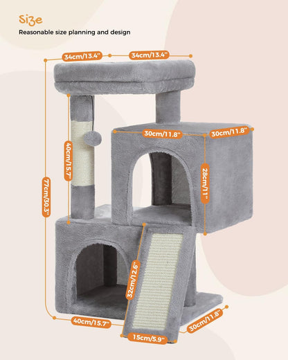 Cat Tree, 30 Inches Cat Tower with Dual Condos for Indoor Cats, Plush Cat House with Padded Perch, Scratching Ramp and Posts and Replaceable Balls-Gray
